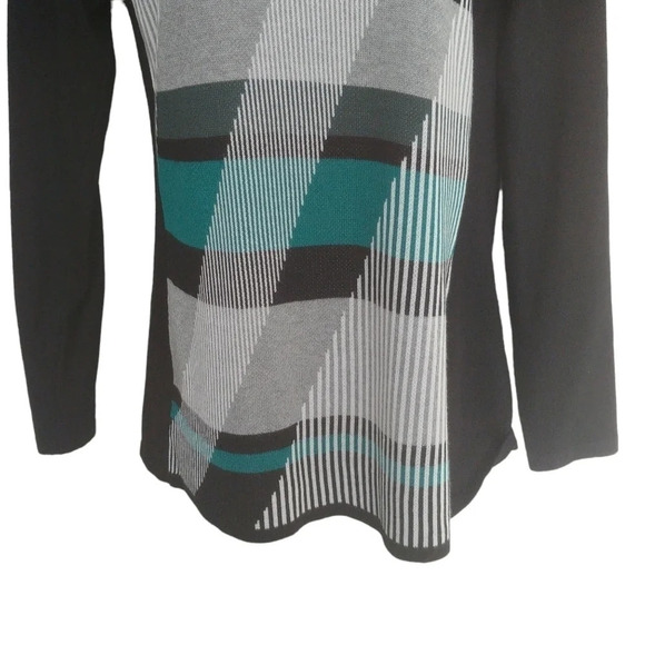 Le Grenier Plaid Striped Knit Sweater with Faux Leather White Black Aqua XS NWOT - Picture 4 of 8